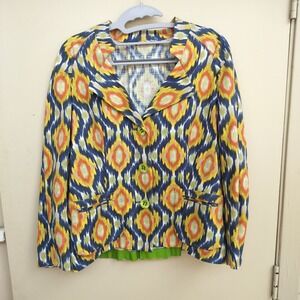 Sonia Bogner Colorful Bohemian Ikat Print Blazer Jacket with Green Buttons
